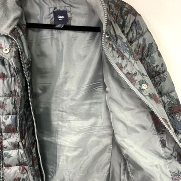 Gap Coat Women's Large Gray Red Floral Puffer Long Sleeve Lined Full Zip Snaps - Picture 5 of 12